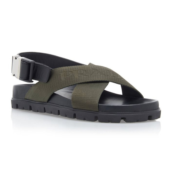 Prada Montana Nastro Criss Cross Strap Buckle Green Black Logo Flat Sandal 35.5 - Picture 3 of 16